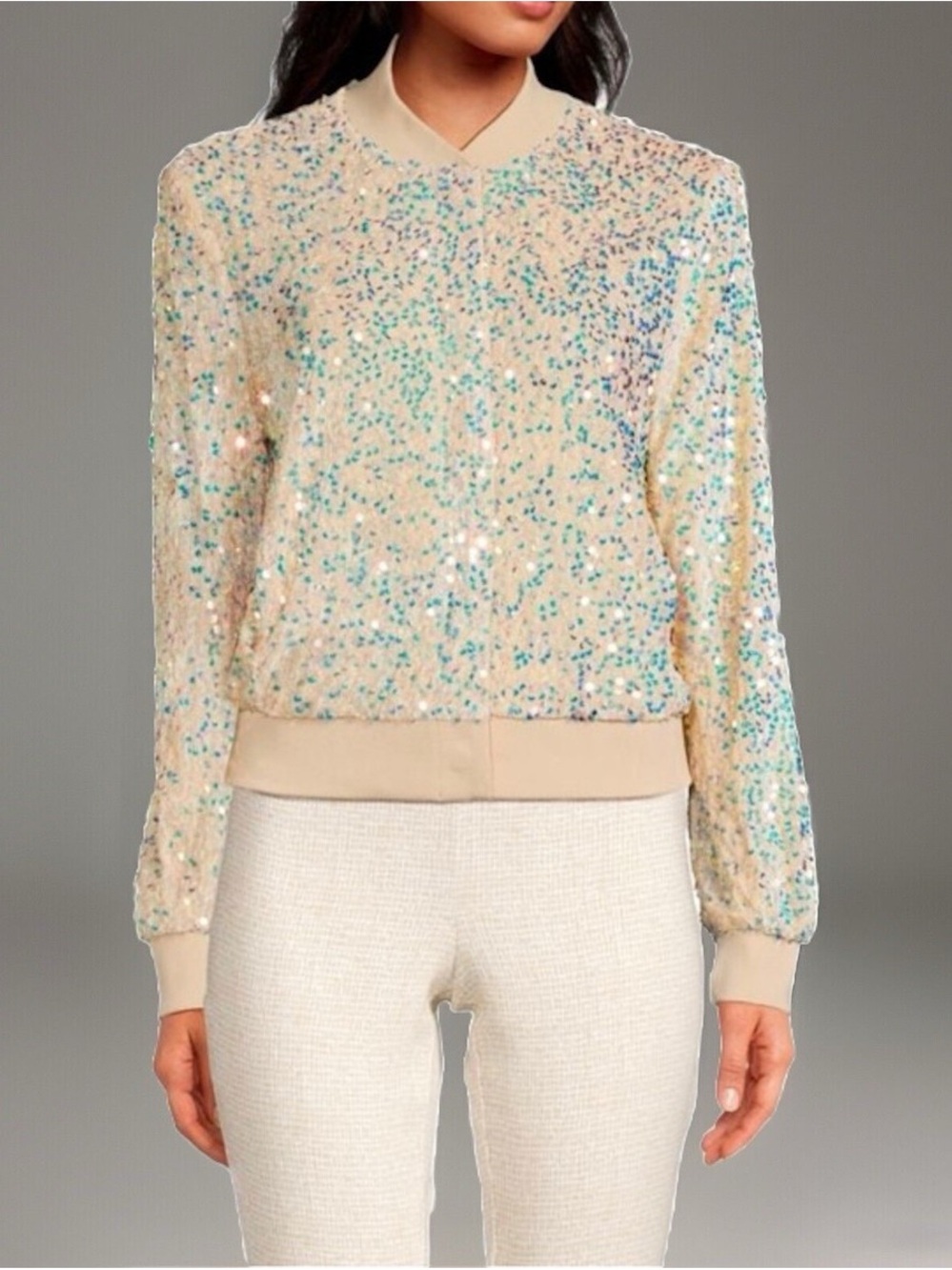 Nanette Lepore Champagne Sequin Bomber Jacket